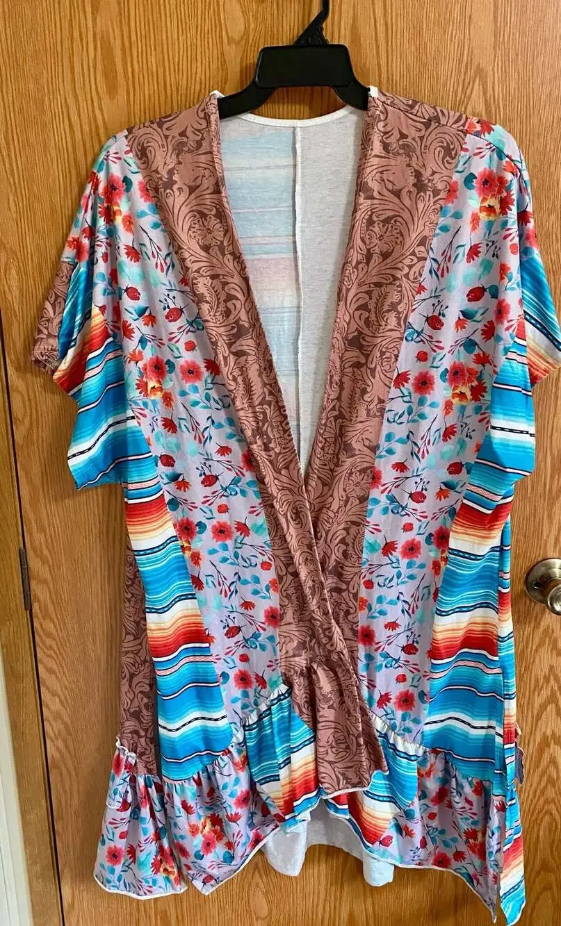 Boho Floral Stripe Print Ruffle Kimono Cardigan